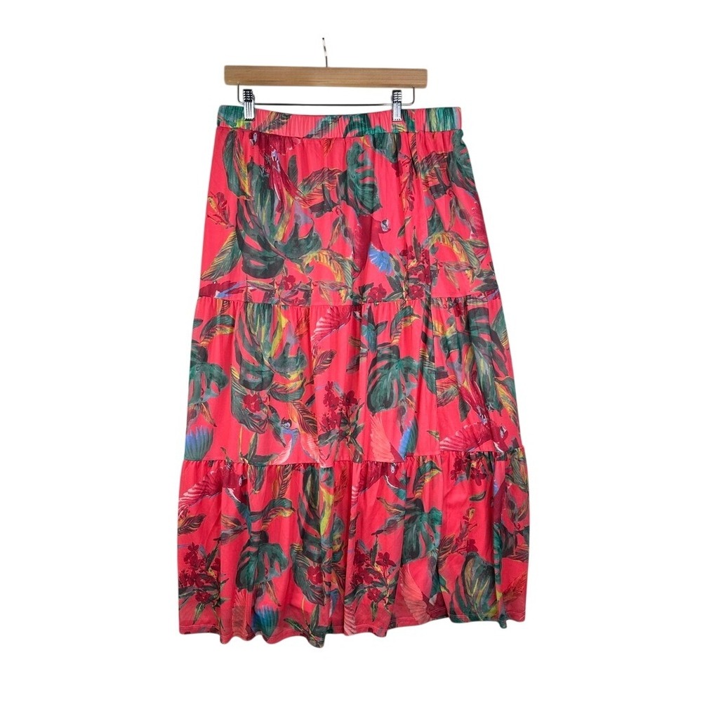 G by Giuliana Tropical Parrot Printed Tiered Maxi Skirt size XL Pink/Green